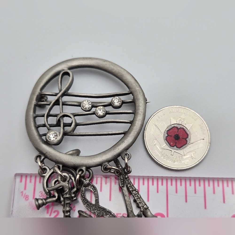 Pewter Musical Brooch Dangling Instruments Notes Figural Pin - Picture 6 of 8